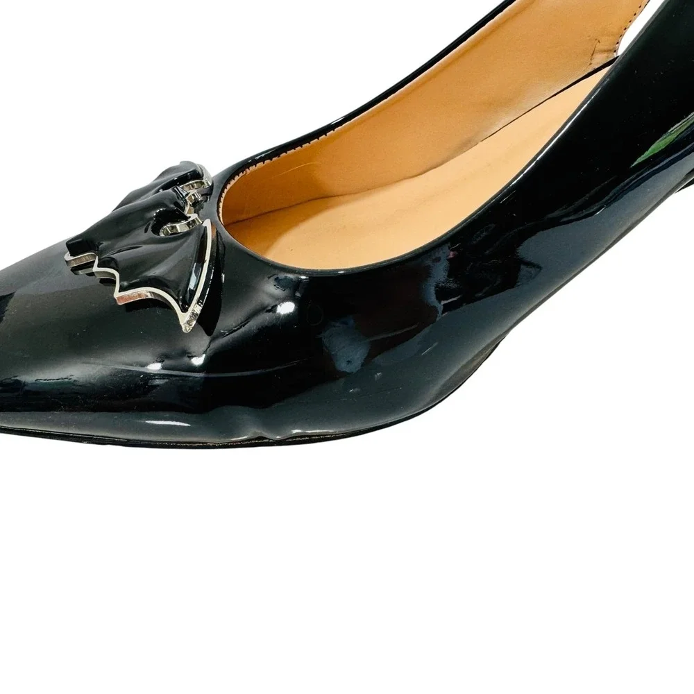 Bat Witchy Preppy Patent‎ Leather Slingback Square Toe Pumps 10 Block Heel Black